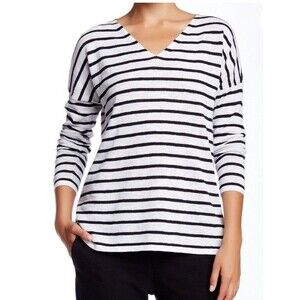 Eileen Fisher V-Neck Sweater Pullover Linen Blend Stripe Black White Petite S